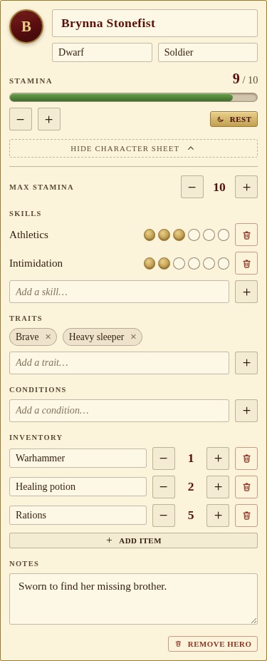 A character sheet expanded for Brynna Stonefist