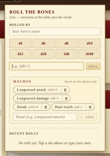 The dice popover with four saved macros: Longsword attack, Longsword damage, Sneak, Heal touch