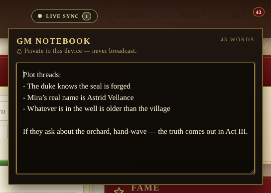 The GM notebook popover, with the lock icon and a "Private to this device" subtitle