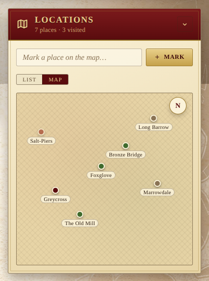 A parchment map view with seven coloured pins labelled with location names