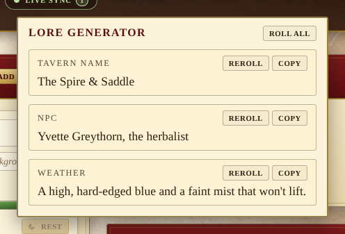 The Lore Generator popover, with a rolled tavern name, NPC and weather entry