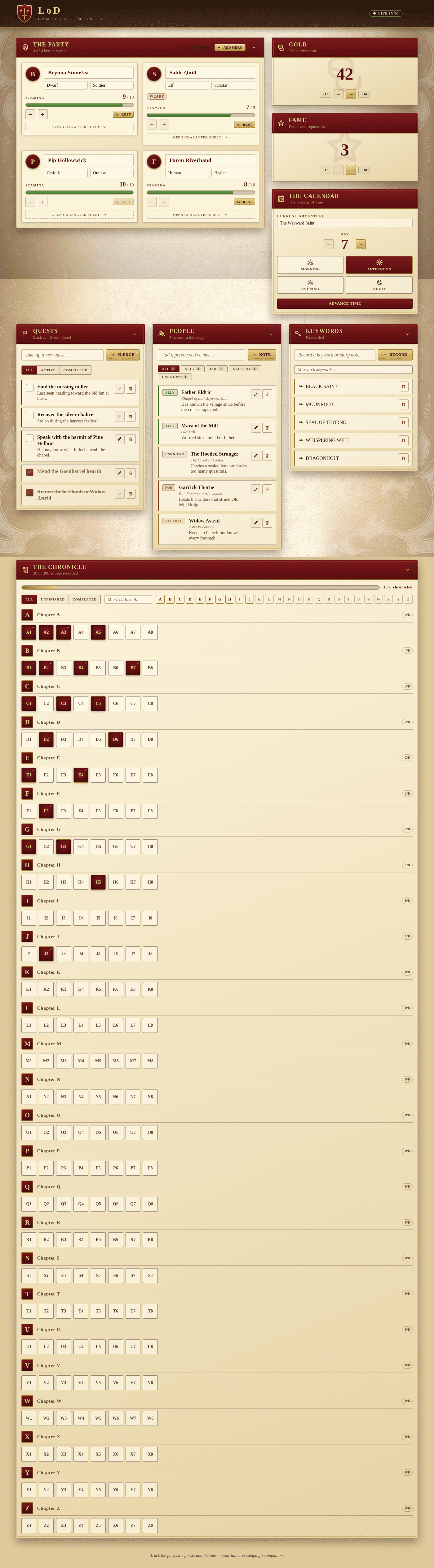 The full Campaign Companion app: party, ledger, notebook and chronicle.
