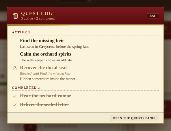 The quest log overlay: a progress bar, active quests with a blocked one, and completed pledges below