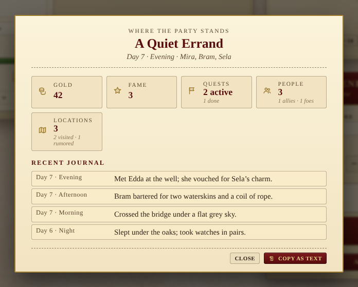 Session recap dialog: adventure title, stats grid, recent journal entries