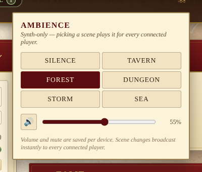 The Soundscape popover with Forest selected as the active scene and the volume at 55%